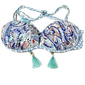 Victorias Secret 34D Gorgeous Pushup Padded Bikini Top Blue White Tassel  #2383